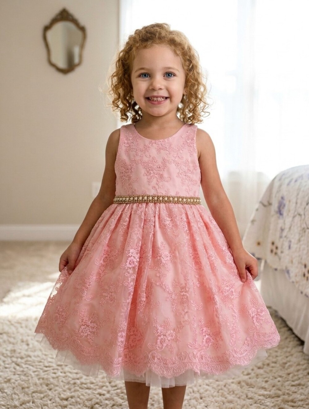 American Princess Pink Lace Tulle Dress with Gold Beaded Waist